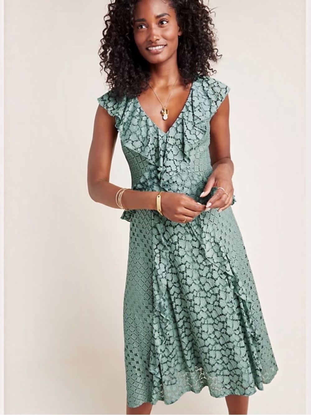 Anthropologie Seafoam Mint Green Ruffled Crotchet Lace Cottagecore Midi Dress 6